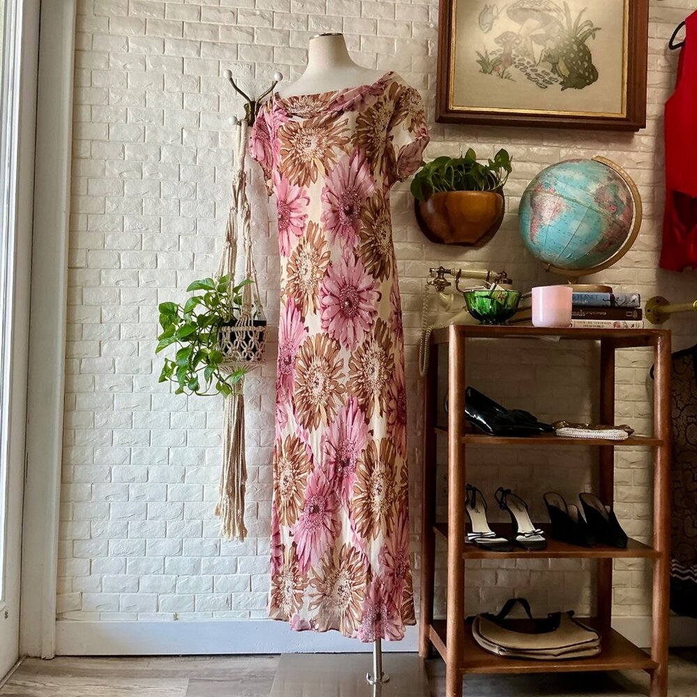 Vintage 90s Y2K Beaded Floral Chiffon Cowl Neck Formal Dress